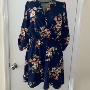 Navy blue floral dress with deep V neck